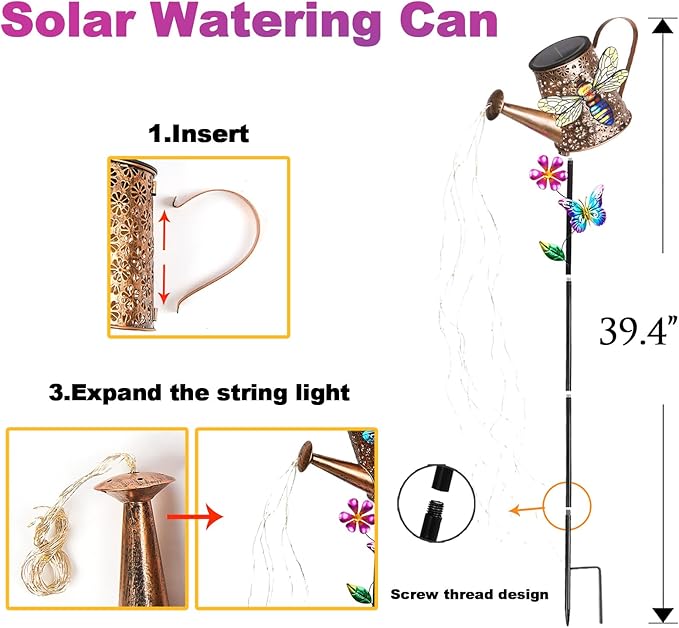 Solar Lights Outdoor Decorative, 39.4'' Metal Solar Watering Can Lights with Bee, Waterproof Garden Stake for Yard Lawn Patio Pathway Landscape, Gardening Gifts for Mom Grandma Women-Ruum Studio Home