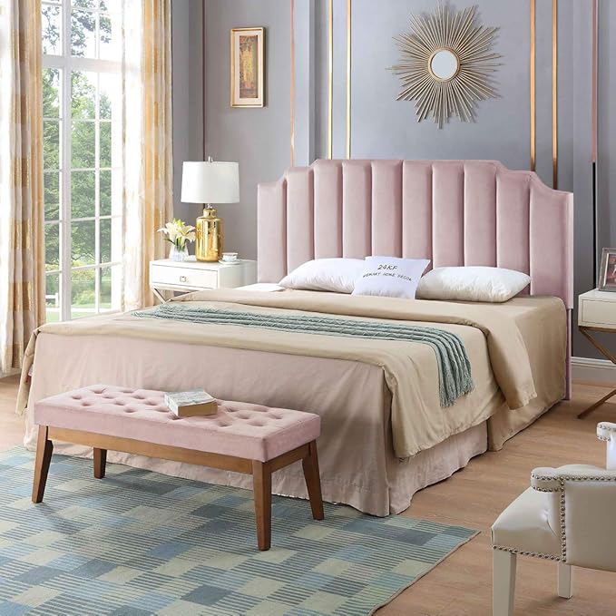 24KF Pink Velvet Tufted King Upholstered Headboard, Modern Vertical Channel Design California King Headboard with Stepped Silhouette Top Edge, Pink-Ruum Studio Home