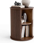 LINSY HOME Round Fluted End Table, Tall Side Table with Sliding Tambour Door and Storage Shelf, Modern Bedside Table, Mid-Century Nightstand for Living Room, Bedroom, Walnut-Ruum Studio Home