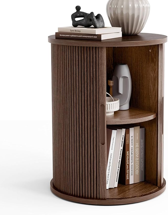 LINSY HOME Round Fluted End Table, Tall Side Table with Sliding Tambour Door and Storage Shelf, Modern Bedside Table, Mid-Century Nightstand for Living Room, Bedroom, Walnut-Ruum Studio Home