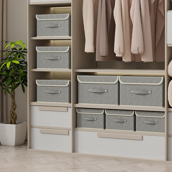 Storage Boxes, Collapsible Storage Bins with Lids, Cotton and linen cloth Storage Baskets with Handle, for Books, Closet, Bedroom, Home, Grey, 3 Pack 10.2 X 7.9 X 6.7in-Ruum Studio Home