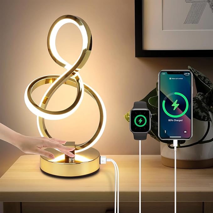 Modern Table Lamp, LED Bedside lamp with USB C+A ports, Touch Stepless Dimmable Nightstand lamp, Unique Spiral Table lamp for Bedroom Living Room Home Office, Spiral lamp for Ideal Gift, Gold-Ruum Studio Home