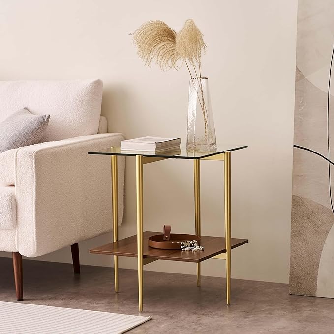 Glass End Table, Mid-Century Modern Design Sofa Table, for Living Room, 2-Tier Structure, Clear Glass Top and Walnut MDF Shelf, Sleek Conical Metal Legs with Gold Finish Frame-Ruum Studio Home