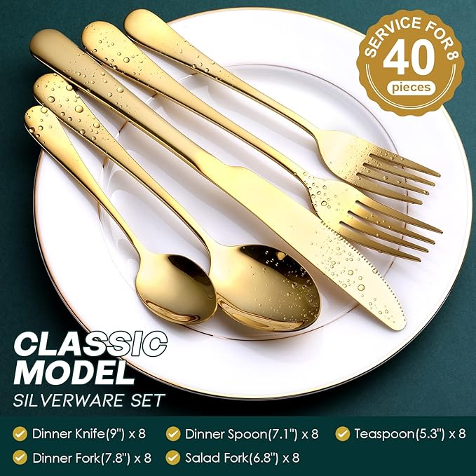 Gold Silverware Set, OGORI 40-Piece Food Grade Stainless Steel Gold Flatware Set, Kitchen Utensil Set Service for 8, Mirror Polished Tableware Cutlery Set for Home and Restaurant, Dishwasher Safe-Ruum Studio Home