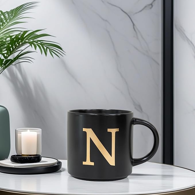 COLLECTIVE HOME - Monogram Ceramic Mugs, 15 oz Golden Initial Black Coffee Cups, Elegant Alphabet Tea Mugs, Elegant Personalized Mug with Gift Box, Unique Mug with Double Side Capital Lette (N)-Ruum Studio Home