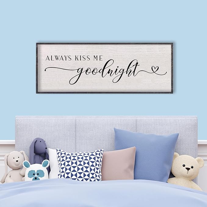 LuZhiQiang Above Bed Love Theme Wall Decor Always Kiss Me Goodnight Sign 40"×15" Wood Framed for Master Bedroom Over Bed Wall Art (Black)-Ruum Studio Home