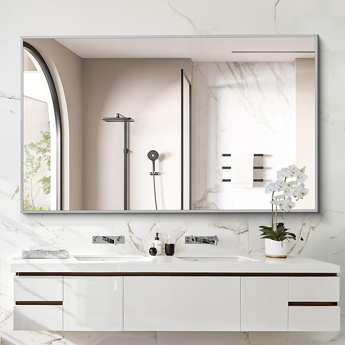 36x55inch Bathroom Mirror, Silver Rectangle Mirror with Thin Metal Frame, Large Rectangular Wall Mirrors for Bathroom, Living Room, Hair Salon, Big Mirror Hang Horizontal/Vertical-Ruum Studio Home