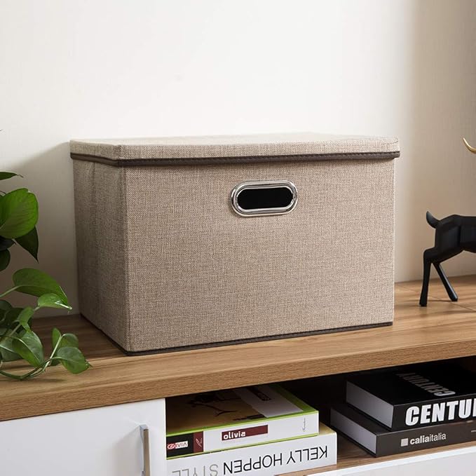 PRANDOM Large Collapsible Storage Bins with Lids [1-Pack] Jute Fabric Foldable Storage Boxes Organizer Containers Baskets Cube with Cover for Home Bedroom Closet Office Nursery (17.7x11.8x11.8)-Ruum Studio Home