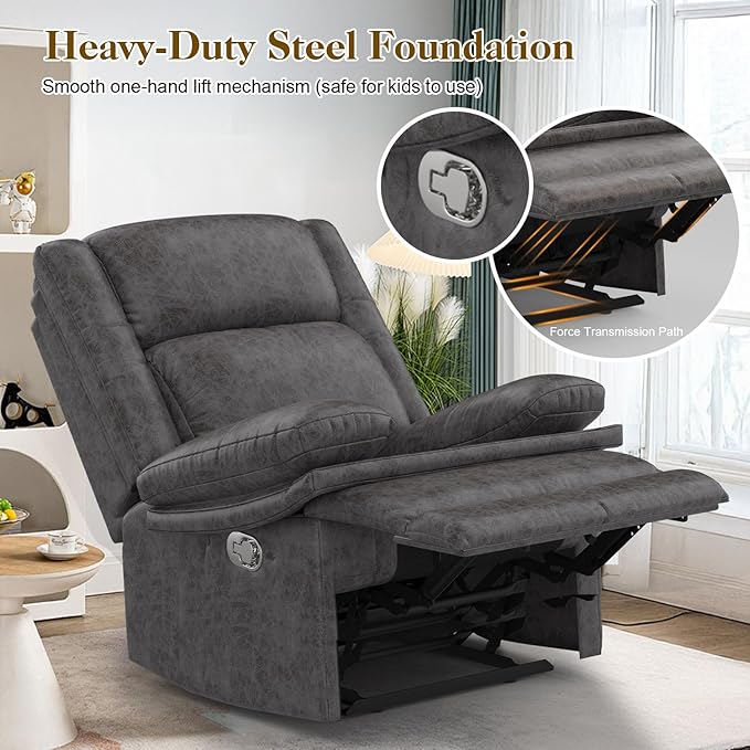 Recliner Chair for Adults, Oversized Manual Pull Tab Reclining Chair, 2-Tier Cushions, Minimalist Style Single Sofa for Living Room, RV (Polished Microfiber)-Ruum Studio Home