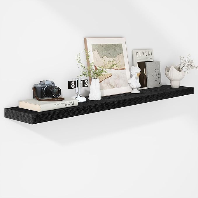 Fun Memories 55 Inch Floating Shelves - 9 Inch Deep Rustic Wooden Wall Shelves - Extra Deeper & Thicker Wall Mounted Storage Shelf for Living Room Kitchen Farmhouse - Rustic Black-Ruum Studio Home
