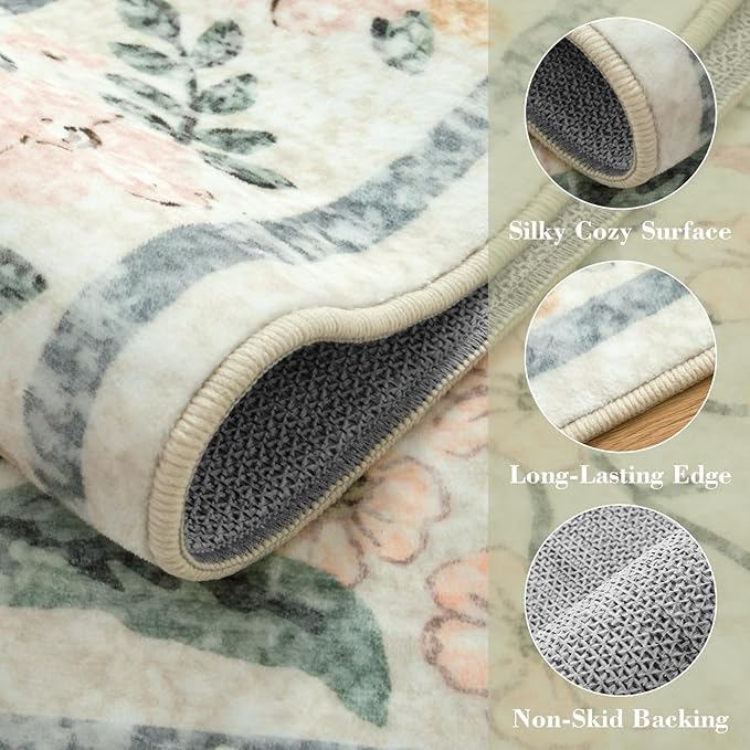 Wonnitar Round Washable Rug, Soft Floral Round Rugs 5ft Circle Carpets for Bedroom Ultra-Thin, Boho Beige Print Distressed Circular Carpet for Living Room Dorm Bedside-Ruum Studio Home