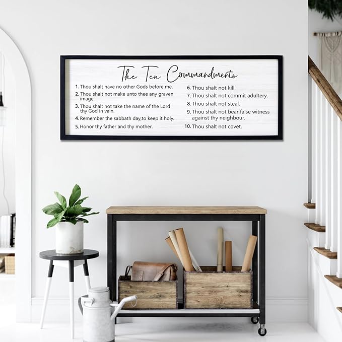 The Ten Commandments Rustic Bible Verse Framed Wall Art, 40''×15'' Positive Religious Christian Saying Sign for God Jesus Christ Prayer, Vintage Horizontal Holy Inspirational Catholic Scripture Decor-Ruum Studio Home