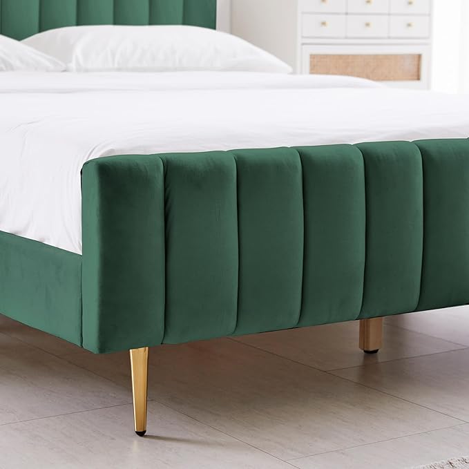 Livinia Full Size Elton Velvet Platform Bed, Upholstered Bed Frame with Vertical Channel Tufted Headboard Footboard, Strong Wood Slats, No Box Spring Needed, Green (Full)-Ruum Studio Home