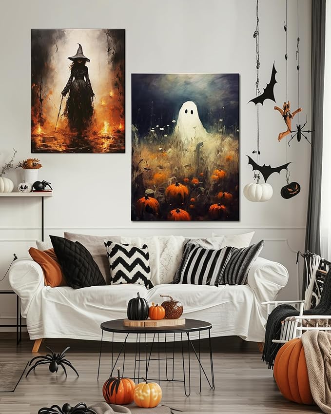 Halloween Canvas Wall Art, Spooky Ghost in Pumpkin Patch Poster, Vintage Gothic Fall Decor, Dark Academia Fall Decor for Living Room, Framed Indoor Halloween Decorations-Ruum Studio Home