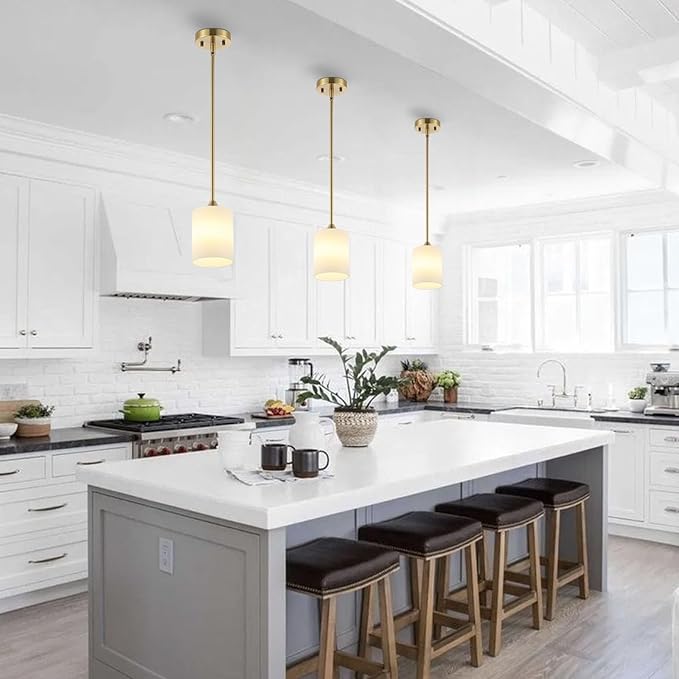 Modern Gold Pendant Light 3 Pack Brushed Brass Mid Century Chandelier White Cylinder Glass Shades Adjustable Rods Farmhouse Ceiling Hanging Lighting Fixture Kitchen Island Dining Room Bedroom-Ruum Studio Home