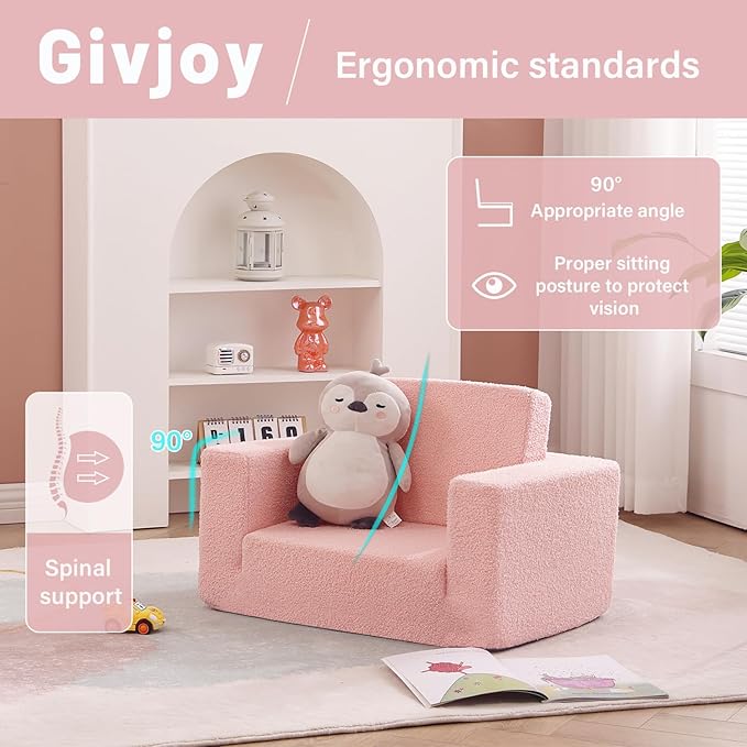 2-in-1 Toddler Chair Sherpa Couch - Soft Kids Lounger for Bedroom, Convertible Sofa for Girls and Boys, Reading Chair, Pink-Ruum Studio Home