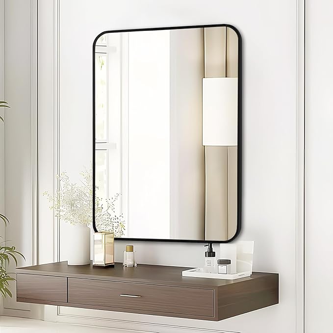 Fabuday Black Wall Mirror for Bathroom Over Sink - 22x30 Matte Metal Framed Rectangle Mirror, Rounded Rectangular Vanity Mirrors for Living Room, Bedroom, Entryway, Hallway, Horizontally/Vertically-Ruum Studio Home