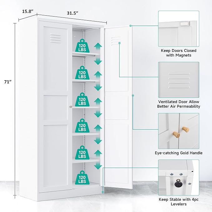 SISESOL White Metal Storage Cabinet,71" Tall Pantry Cabinet,Kitchen Pantry Storage Cabinets with 2 Doors and 6 Shelves,Wide Deep Food Cupboard for Home,Kitchen,Dining/Living Room-Ruum Studio Home