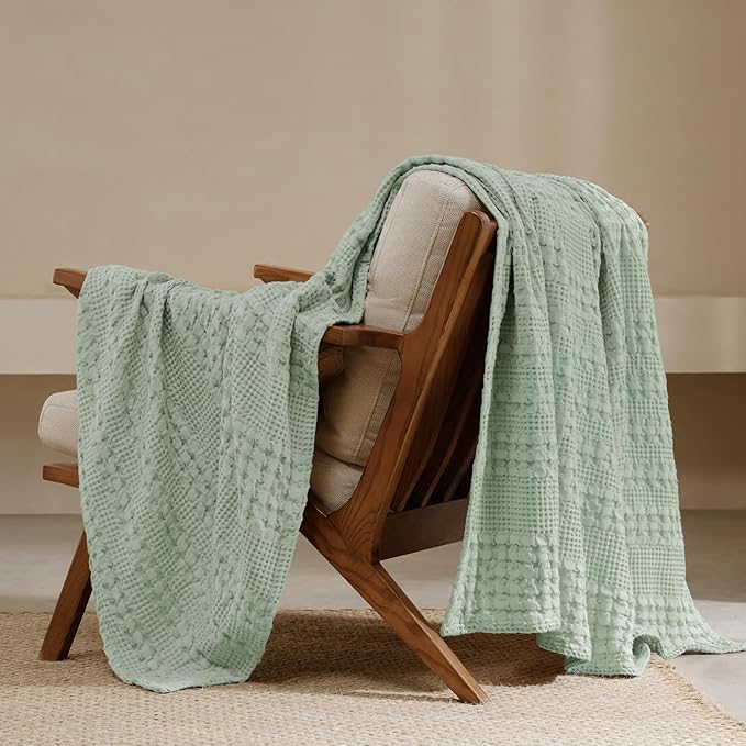 PHF 100% Cotton Waffle Weave Throw Blanket, Soft Lightweight Breathable Cozy Summer Throws for Couch Bed Sofa, Luxury Aesthetic Woven Blanket for Home Decor & Office, 50"x60", Sage Green-Ruum Studio Home