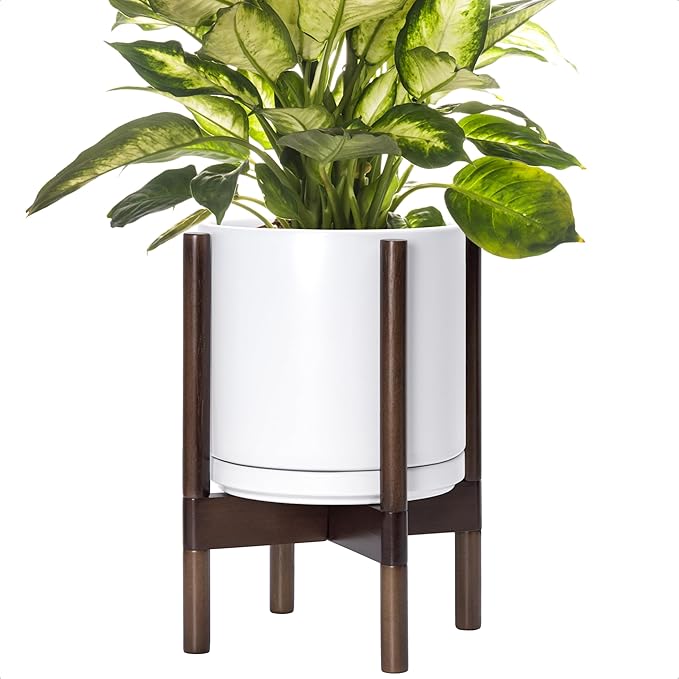 D'vine Dev Ceramic Planter with Walnut Color Stand - 10 Inch Modern Round Flower Pot with Wood Planter Holder, White, 55-B-X-1-Ruum Studio Home