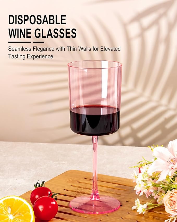 Ciaell 12 Pack Pink Plastic Wine Glasses - 10 Oz Disposable Wine Glasses with Stem for Parties & Weddings & Poolside & Outdoors & Camping-Ruum Studio Home