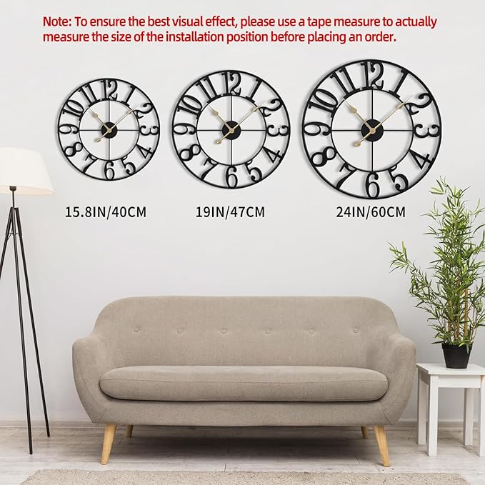 LEIKE Large Wall Clock, 16" Silent Non-Ticking, Battery Operated, Oversized, Decorative Retro Black Metal Clock for Living Room,Farmhouse, Dinner Room,Indoor, Outdoor Decor(40cm, Black Arabic Number)-Ruum Studio Home