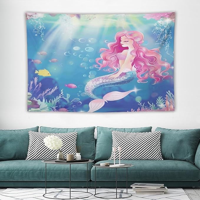 HZOHNAGO Mermaid Girls Tapestry Watercolor Mermaid Princess Pink Hair Pattern for Kids Room Decoration Printed Wall Tapestry Wall Hanging for Bedroom Living Room Dorm 60" W x 40" H-Ruum Studio Home