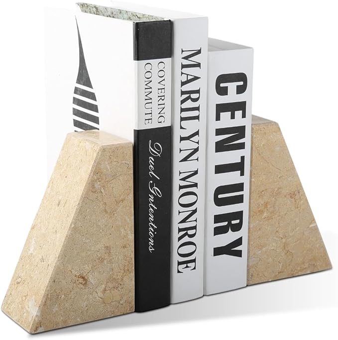 Marble Bookend for Heavy Books, Decorative Bookends for Shelves, Durable and Heavy-Duty Book End for Hardback Book & CDS, Unique Book Stopper & Holder, Pearlly Yellow, Set of 2-Ruum Studio Home