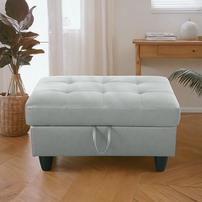 Ottoman Rectangular Storage Ottoman Bench, Faux Leather Footrest, Coffee Table, Stool Footstool with Hinged Lid for Living Room, Bedroom, Entryway, Gray, 35"x23.5"x17.5"-Ruum Studio Home
