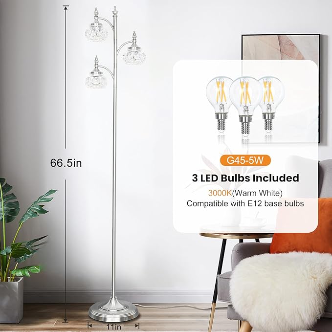 Brushed Nickel Floor Lamp 66.5'' Tall Standing Lamp Dimmable Tree Floor Lamps with 3 LED Lights Glass Shades Silver Lamp for Living Room Bedroom Office(3 Bulbs Included)-Ruum Studio Home