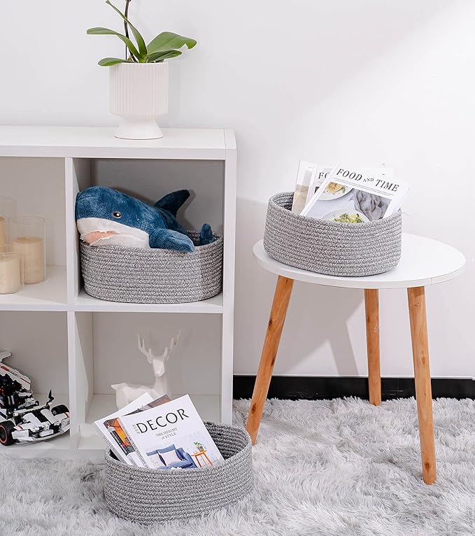 Baskets to Store Organize Household Items/Cute Basket&Bin for Shelf Storage Woven Rope Basket for Living Room, Bedroom,Play room/13x8.66x5.11’’ Cotton Rope,Durable&Stylish,Oval 3 Packs Gray-Ruum Studio Home