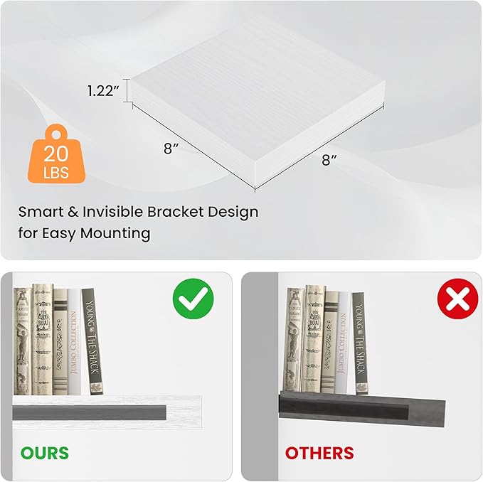 Square Floating Shelves for Wall, 8" W x 8" D x 1.2" H, Small Wooden Wall Mounted Display Shelves with Invisible Brackets for Living Room, Bedroom, Bathroom, Kitchen Decor, Set of 4, White-Ruum Studio Home