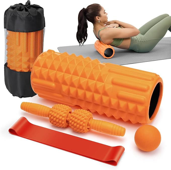 5 in 1 Foam Roller Set - Deep Tissue Foam Roller, Muscle Roller Stick, Massage Ball, Resistance Band for Physical Therapy & Deep Tissue Muscle Massage (Orange)-Ruum Studio Home