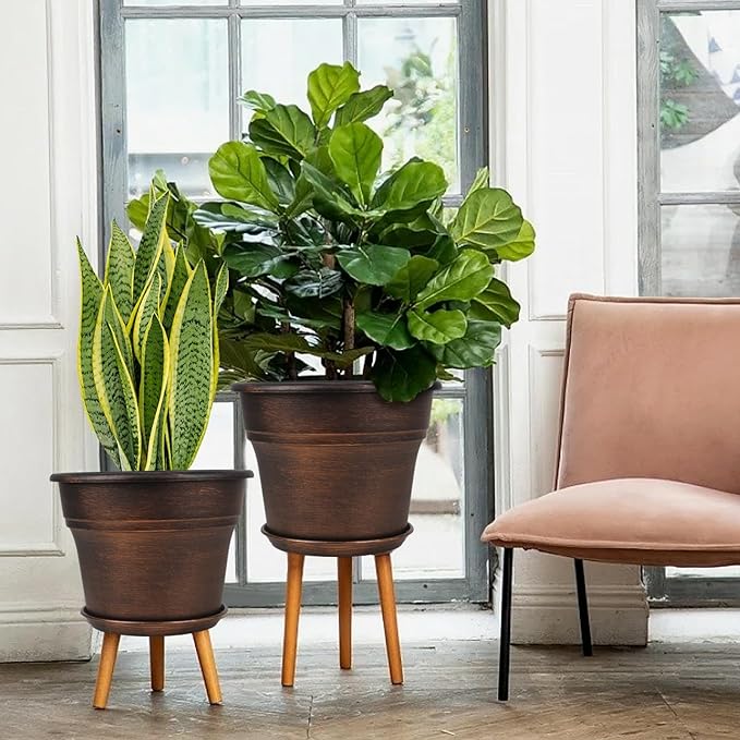 Plant Planters Pots Set of 4 Pack 11 Inch, Plastic Flower Pot for Indoor Plants with Drainage Holes & Trays, Resin Decorative Container Sets with Saucer for House Outdoor Garden Planters Copper-Ruum Studio Home