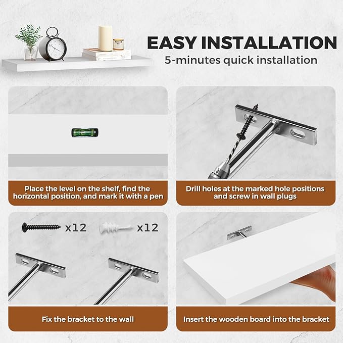 Floating Wall Shelves 2-Pack - 24-Inch Rustic White Wooden Shelves for Storage and Décor, Easy Installation for Living Room, Bedroom, and Kitchen-Ruum Studio Home