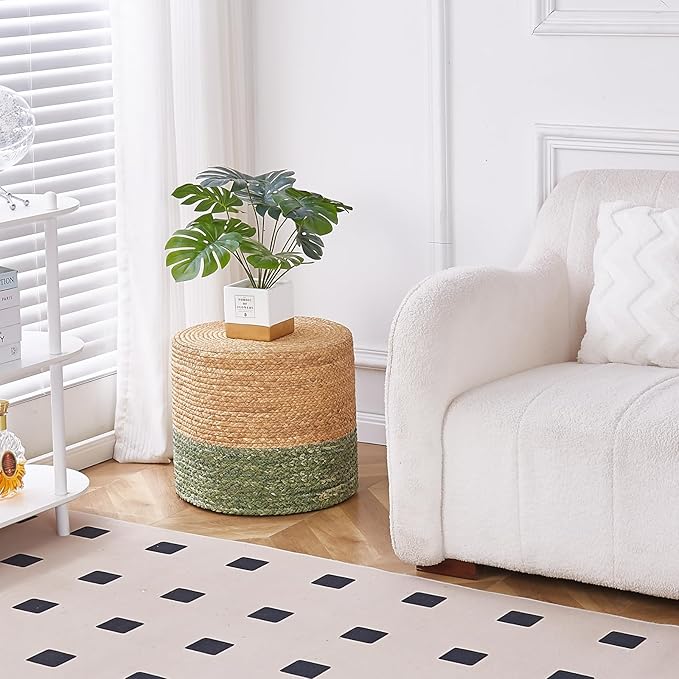 Wimarsbon 18'' Ottoman Pouf, Natural Braided Poof, Rustic Handweave Lounge Pouffe, Boho Footrest Stool for Bedroom, Accent Table for Living Room (Natural Water Hyacinth + Green Corn Husk)-Ruum Studio Home