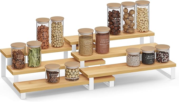 SONGMICS Display Risers, Set of 2 Engineered Wood Perfume Organizer Stand, 3-Tier Cupcake Stand Holder, Spice Rack, Shelf Risers for Figures, Dessert Shelves, Natural Beige and Ink Black UKCS016N01-Ruum Studio Home