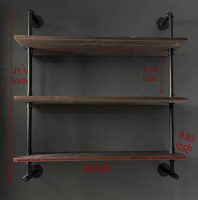 Industrial Pipe Wall Shelves with Real Wood Plank ,36 Inches Floating Shelves for Wall Farmhouse Book Shelves Dark Brown 3 Tier for Kitchen,Living Room Decor and Bar Shelving-Ruum Studio Home