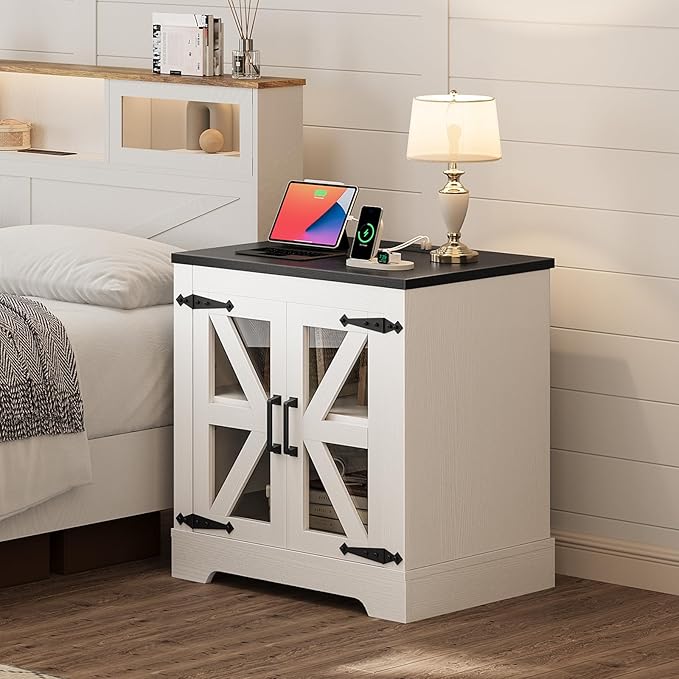 Farmhouse Side Table with Storage Cabinet, End Table with Adjustable Shelf, Large Night Stand, Wood Nightstand with Charging Station, 24" End Tables Living Room, Rustic Bed Side Tables Bedroom-Ruum Studio Home