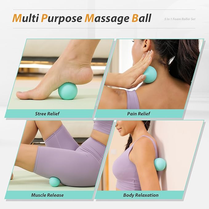 5 in1 Foam Roller Set, Trigger Point Foam Roller, Massage Roller Stick, Massage Ball, Resistance Band for Deep Muscle Massage Pilates Yoga,Fitness Exercise for Whole Body (Pure Turquoise)-Ruum Studio Home