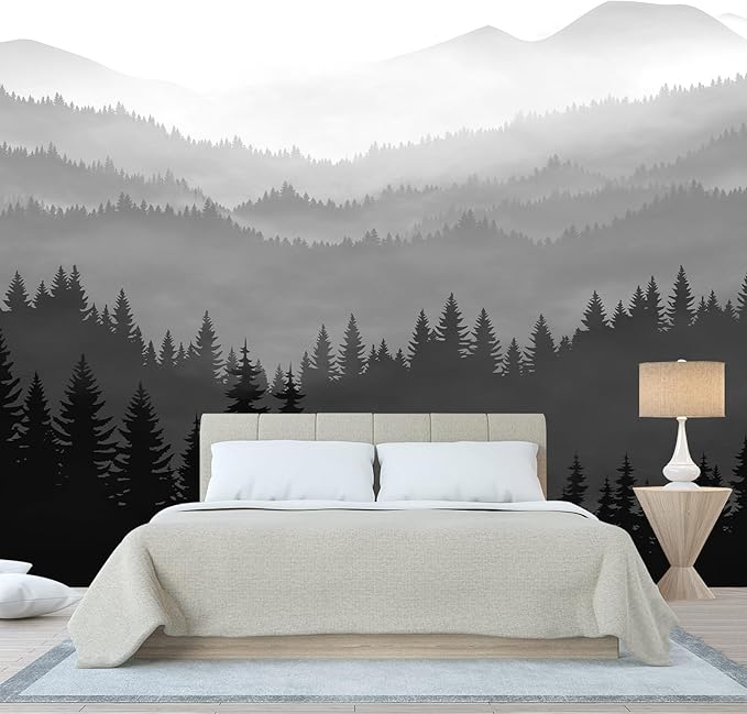 WFBHUA-Black and White Forest Mountain Wallpaper Gray Woodland Nature Landscape Wall Paper Mural for Bedroom Living Room(Not Peel and Stick)-Ruum Studio Home