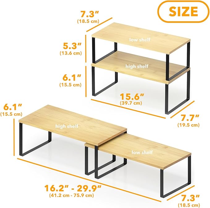 SpaceAid Cabinet Shelf Organizers 2 Pack, Kitchen Counter Rack Shelves Riser, Stackable Expandable Spice Rack, Pantry Cupboard Storage Organization (Black and Natural, Long)-Ruum Studio Home