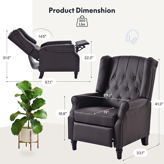 Softa Recliner Chair for Adults, Mid Century Wingback Pushback Accent Chair with Rivet Decoration, Tufted Upholstered Single Sofa Armchair for Living Room, Bedroom, Study (PU, Brown)-Ruum Studio Home