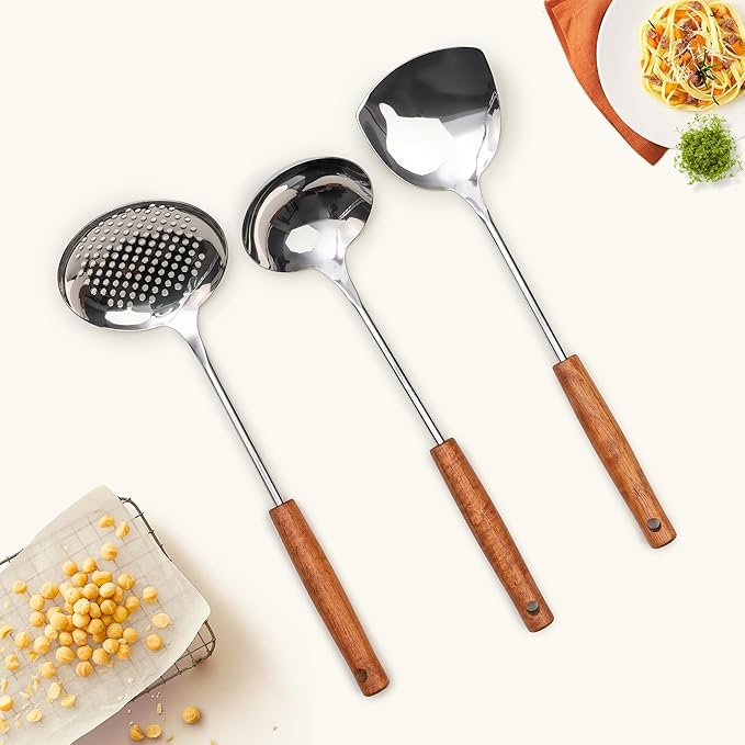 FJNATINH Wok Spatula - Ladle - Skimmer - Stainless Steel Wok Tools,Wok Utensil,Mirror Polished Stainless Steel Cooking Utensils 14.6-15.2" Kitchen Utensils Cookware, Pack of 3-Ruum Studio Home