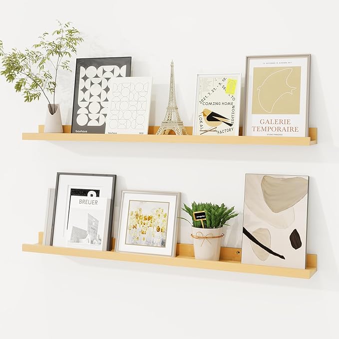 Picture Ledge Shelf, Solid Pine Wood Floating Shelves Set of 2, 32 Inches Nursery Book Shelves for Toys Storage, Kids Bookshelf Wall Mounted for Living Room Bedroom Decor Books Photo Frames, Natural-Ruum Studio Home