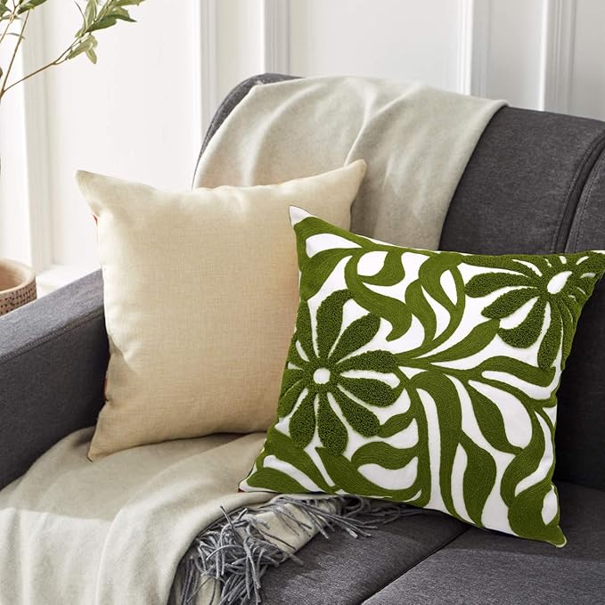 Alysheer Farmhouse Floral Leaves Embroidered Decorative Throw Pillow Cover 18x18 inches, Boho Tufted Flowers Embroidery Pattern Chic Cotton Cushion Case for Couch Bed Sofa Living Room(Olive Green)-Ruum Studio Home