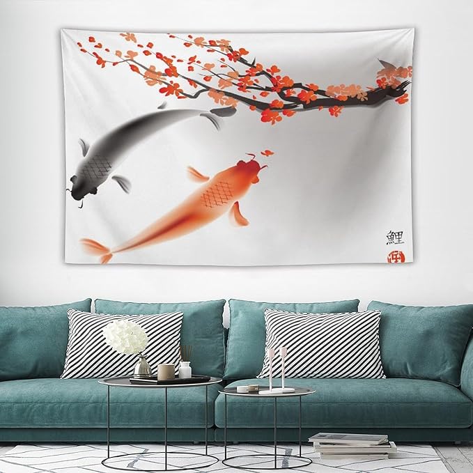 Houselerax Japanese Koi Fish Tapestry, Cherry Blossoms Asian Oriental Flower Branch Koi Fish Carp Tapestries Wall Hanging for Bedroom Living Room Office Decor 90"x60"-Ruum Studio Home