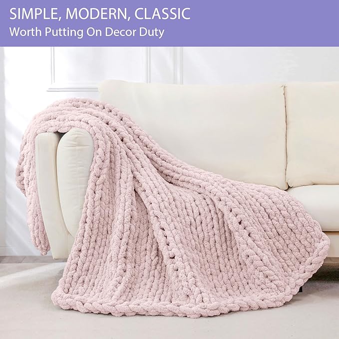Bigacogo Chunky Knit Throw Blanket for Couch, 40x60 inches, 100% Hand Knitted with Thick Jumbo Chenille Yarn, Cozy Soft Large Rope Knot Cable Crochet Blankets for Sofa Bed Living Room, Rose Tan-Ruum Studio Home