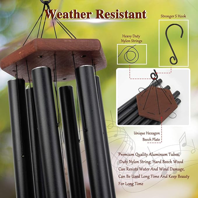 Wind Chimes Outdoor Large Deep Tone, 44 Inches Sympathy Wind Chimes Tuned Soothing Melody, Memorial Wind-Chime with 6 Heavy Tubes for Outside Decoration, Garden/Yard. Black Wind Chime-Ruum Studio Home