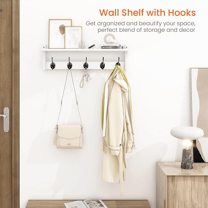 Homode Coat Rack with Wall Shelf and Hooks - 24 Inch Long, Wooden Hanging Coat Hanger with Hat Shelf for Entryway, Bathroom, Mudroom, White-Ruum Studio Home